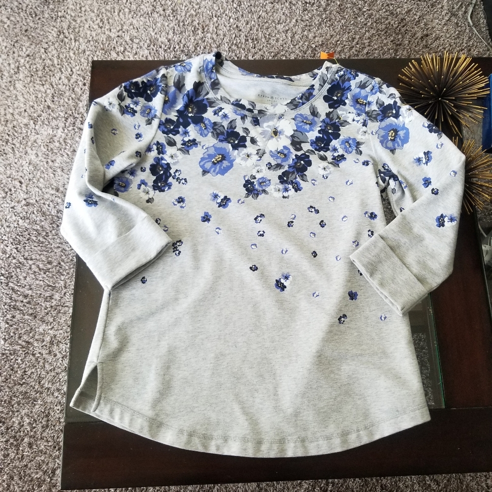 Karen Scott Sport Floral Crewneck Sweatshirt Blue